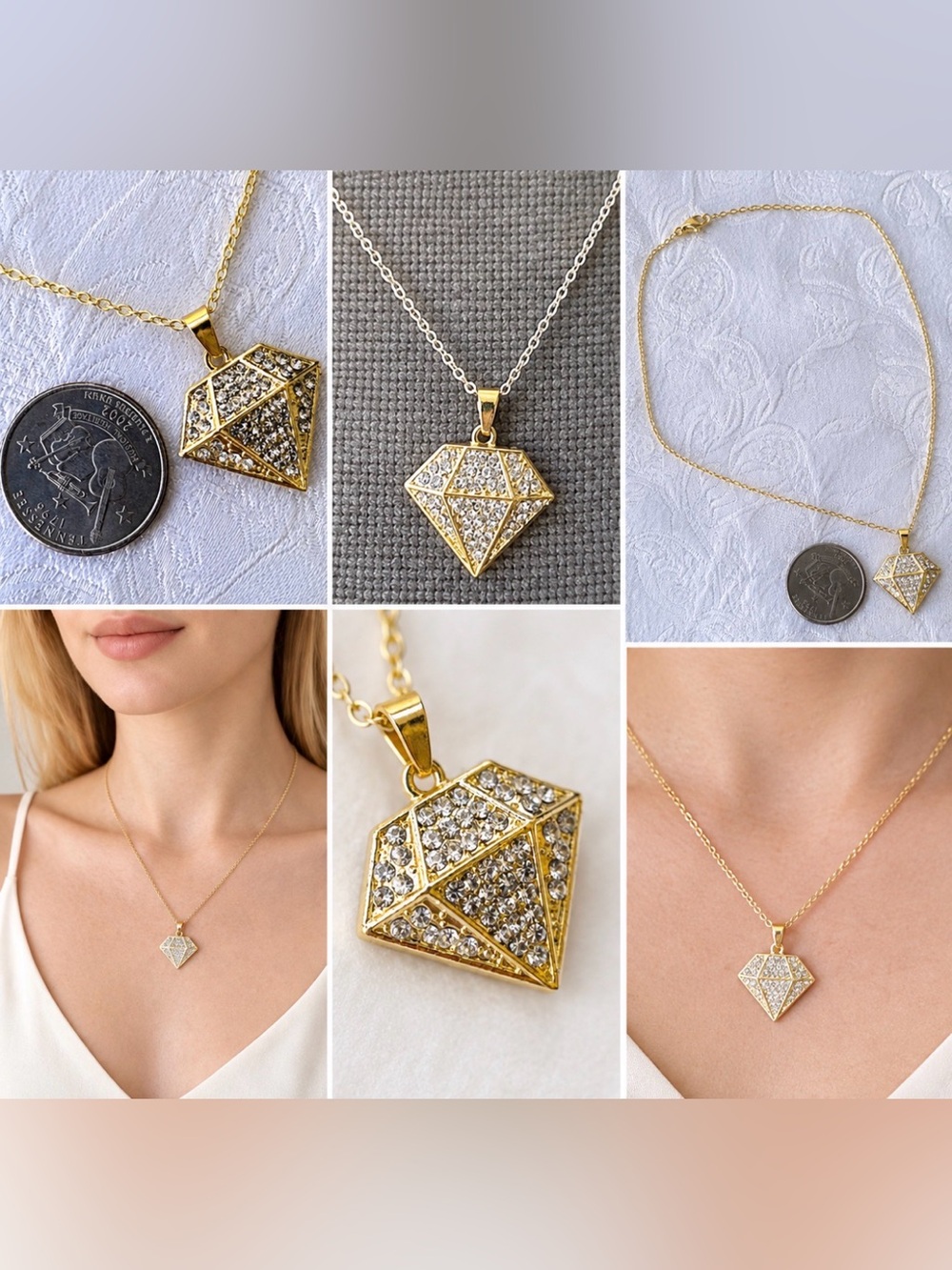 Stainless Steel Rhinestone Diamond Charm Golden Chain Statement Necklace 18" NEW
